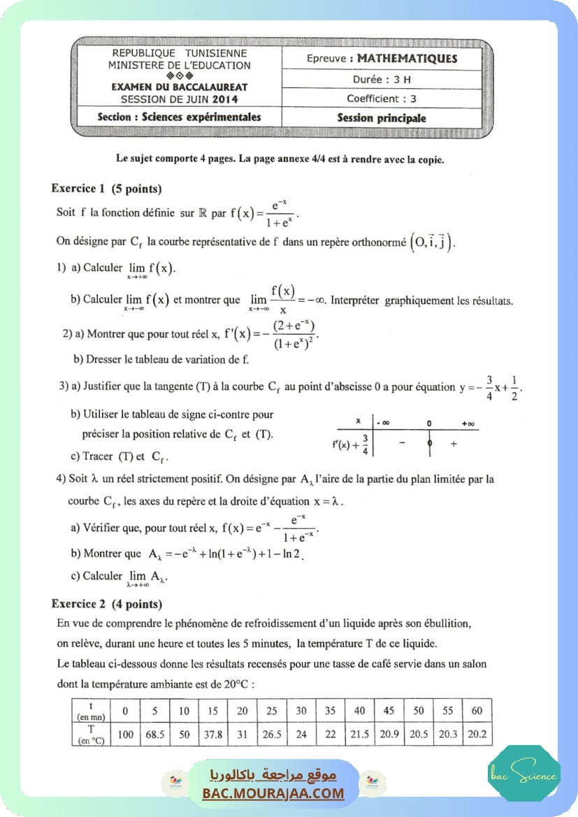 Sujet principale math Bac 2014 – Section science